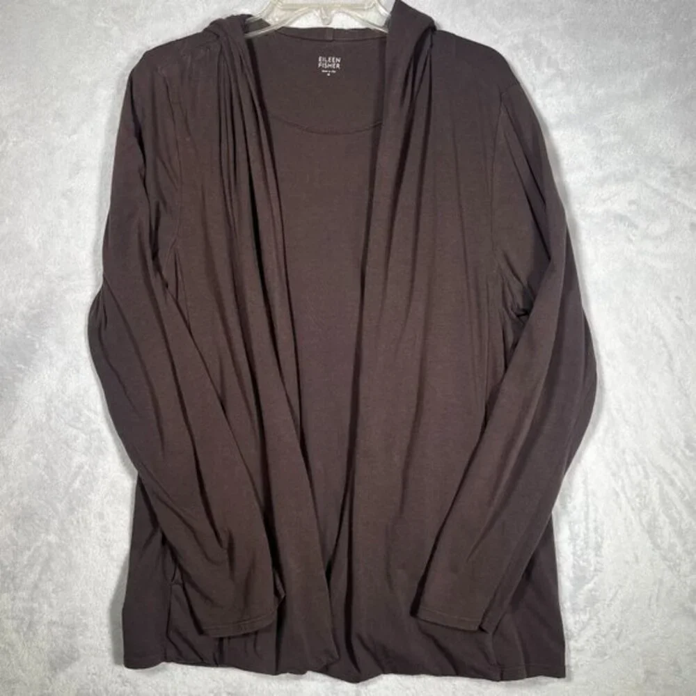 Eileen Fisher Cardigan Womens M Brown Hooded Open Front Sweater Pockets Comfy